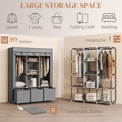 HOMCOM Portable Wardrobe w/ 5 Shelves 3 Fabric Drawers and 2 Hanging Rails Grey