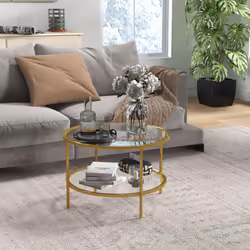 HOMCOM Round Coffee Table with Storage Shelf and Tempered Glass Top, Gold