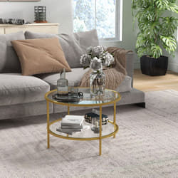 HOMCOM Round Coffee Table with Storage Shelf and Tempered Glass Top, Gold