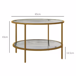 HOMCOM Round Coffee Table with Storage Shelf and Tempered Glass Top, Gold