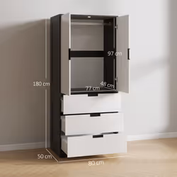 HOMCOM 2 Door Wardrobe White Wardrobe with 3 Drawer and Hanging Rod for Bedroom