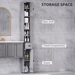 kleankin Slim Bathroom Cabinet, Toilet Roll Storage w/ Open Shelves, Grey