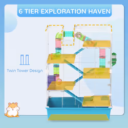 PawHut 6 Tier Hamster Cage with Twin Tower and Accessories, Light Blue
