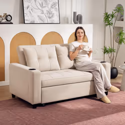 HOMCOM 2 Seater Pull Out Sofa Bed with Pockets for Living Room Beige