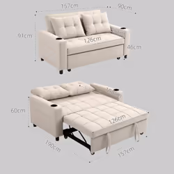 HOMCOM 2 Seater Pull Out Sofa Bed with Pockets for Living Room Beige