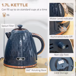 HOMCOM Kettle and Toaster Set 1.7L Fast Boil Kettle & 2 Slice Toaster Set - Blue