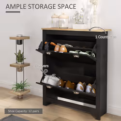 HOMCOM 2 Drawer Shoe Cabinet Narrow Shoe Cupboard with Flip Doors, Black - Additional view 3