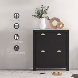 HOMCOM 2 Drawer Shoe Cabinet Narrow Shoe Cupboard with Flip Doors, Black - Additional view 6