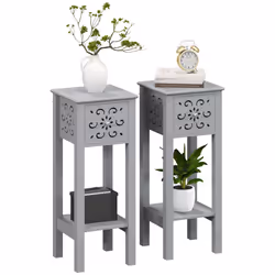 HOMCOM Bedside Table Set, End Table Set with Drawer and Storage Shelf, Grey - Additional view 8