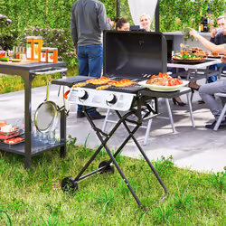 Outsunny Portable Foldable Gas Barbecue Grill with Thermometer, Lid, Black