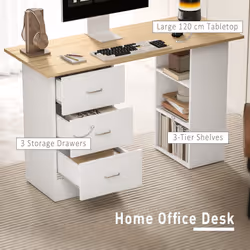 HOMCOM 120cm Computer Desk, Study Table with 3 Shelf & Drawers - White