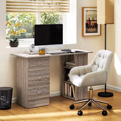 HOMCOM 120cm Computer Desk, Study Table with 3 Shelf & Drawers - Grey