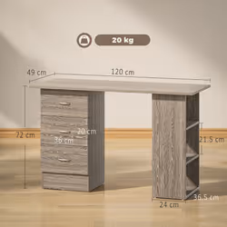 HOMCOM 120cm Computer Desk, Study Table with 3 Shelf & Drawers - Grey