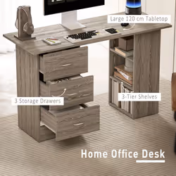 HOMCOM 120cm Computer Desk, Study Table with 3 Shelf & Drawers - Grey