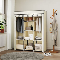 HOMCOM Fabric Portable Wardrobe with 8 Shelves 2 Hanging Rails - Cream