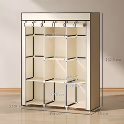 HOMCOM Fabric Portable Wardrobe with 8 Shelves 2 Hanging Rails - Cream