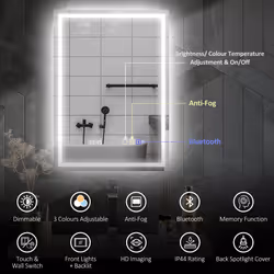 HOMCOM 500 x 700 mm Bathroom Mirror with Bluetooth Clock Lights Demister Pad