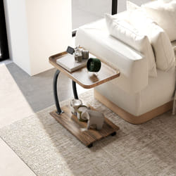 HOMCOM C Shaped Side Table with Storage & Wheels for Living Room, Brown