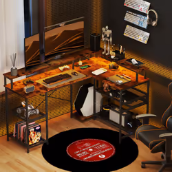 HOMCOM L Shaped Gaming Desk w/ LED Lights and Power Outlets for Small Space