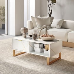 HOMCOM Coffee Table, Living Room Table with Drawer and Open Shelves, White