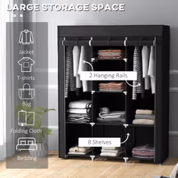 HOMCOM Fabric Portable Wardrobe with 8 Shelves 2 Hanging Rails - Black