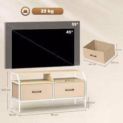HOMCOM TV Stand Cabinet with 2 Foldable Drawers, Natural Wood Finish