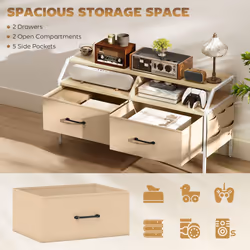 HOMCOM TV Stand Cabinet with 2 Foldable Drawers, Natural Wood Finish