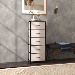 HOMCOM 5 Drawer Fabric Chest of Drawers w/ Wooden Top for Hallway - Cream