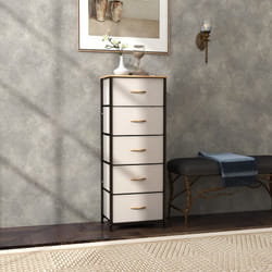 HOMCOM 5 Drawer Fabric Chest of Drawers w/ Wooden Top for Hallway - Cream