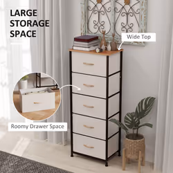 HOMCOM 5 Drawer Fabric Chest of Drawers w/ Wooden Top for Hallway - Cream