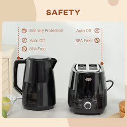 HOMCOM 1.7L Fast Boil Electric Kettle and 2 Slice Water Toaster Set, Black - Additional view 6