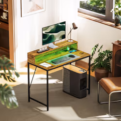 HOMCOM Computer Desk with LED Lights, Study Table with Shelf, Rustic Brown