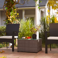 Outsunny Outdoor Coffee Table with Glass Top, Rattan Side Table, Dark Grey