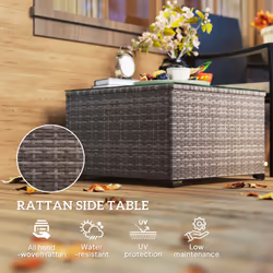 Outsunny Outdoor Coffee Table with Glass Top, Rattan Side Table, Dark Grey
