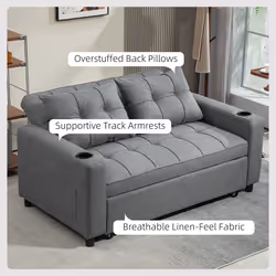 HOMCOM 2 Seater Pull Out Sofa Bed with Pockets for Living Room Charcoal Grey