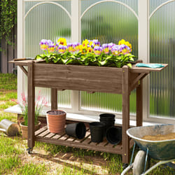 Outsunny Wooden Raised Planter with Lockable Wheels, Liner, Carbonised