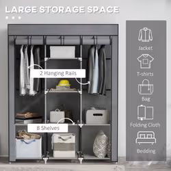 HOMCOM Fabric Portable Wardrobe with 8 Shelves 2 Hanging Rails - Grey