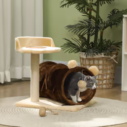PawHut Cat Tree w/ Scratching Post, Bed, Cat Tunnel, Toy Ball, Dark Brown