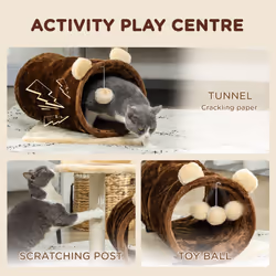 PawHut Cat Tree w/ Scratching Post, Bed, Cat Tunnel, Toy Ball, Dark Brown