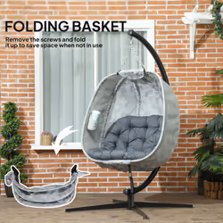 Outsunny Hanging Egg Chair Outdoor Indoor Swing Chair, Folding Basket, Grey - Additional view 4