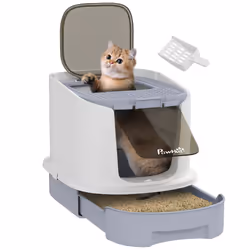 PawHut Cat Litter Box, Hooded Cat Litter Tray with Lid, Scoop, Grey - Additional view 8