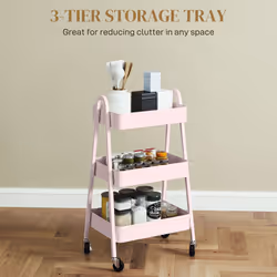 HOMCOM 3-Tier Rolling Utility Cart Kitchen Storage Trolley on Wheels Pink