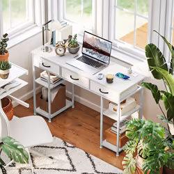 HOMCOM Computer Writing Desk with Power Outlets, Drawers, Shelves - White
