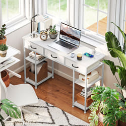 HOMCOM Computer Writing Desk with Power Outlets, Drawers, Shelves - White