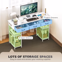 HOMCOM Computer Writing Desk with Power Outlets, Drawers, Shelves - White