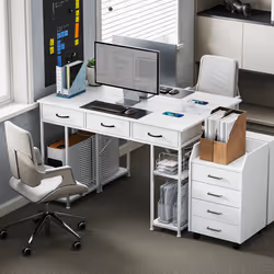 HOMCOM Computer Writing Desk with Power Outlets, Drawers, Shelves - White - Additional view 7