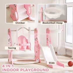 AIYAPLAY 4 in 1 Kids Slide and Swing Set with Climber, Basketball Hoop, Pink