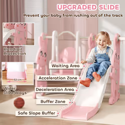 AIYAPLAY 4 in 1 Kids Slide and Swing Set with Climber, Basketball Hoop, Pink