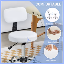 HOMCOM Rolling Stool with Backrest, Wheels, Faux Leather Salon Chair, White