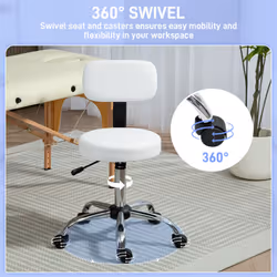 HOMCOM Rolling Stool with Backrest, Wheels, Faux Leather Salon Chair, White